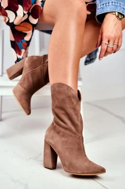 Laura Messi Botki Wiosenne|Botki Na Słupku*Botki Damskie Skórzane na Obcasie Khaki 2123