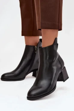 Clearance Boto Botki Damskie Skórzane Na Obcasie Ocieplane Czarne Nolivra