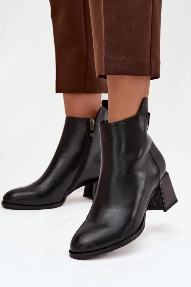 Clearance Boto Botki Damskie Skórzane Na Obcasie Ocieplane Czarne Nolivra