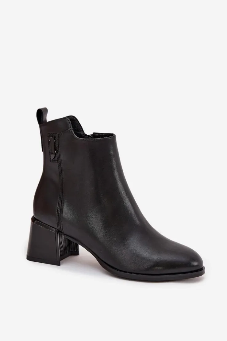 Clearance Boto Botki Damskie Skórzane Na Obcasie Ocieplane Czarne Nolivra