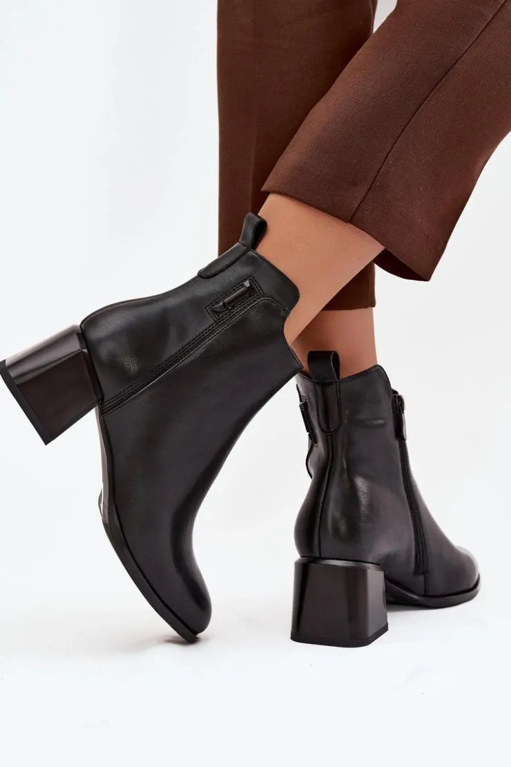 Clearance Boto Botki Damskie Skórzane Na Obcasie Ocieplane Czarne Nolivra