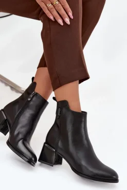 Clearance Boto Botki Damskie Skórzane Na Obcasie Ocieplane Czarne Nolivra