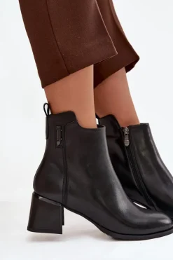 Clearance Boto Botki Damskie Skórzane Na Obcasie Ocieplane Czarne Nolivra