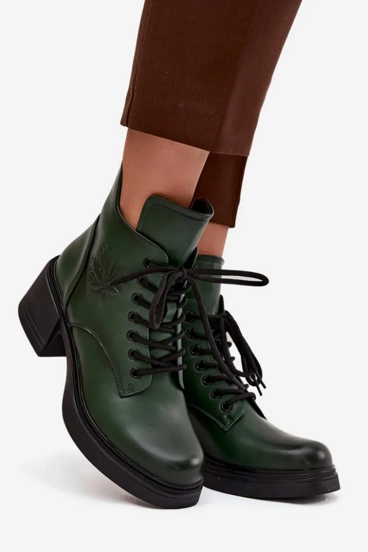 Damskie Buty damskie Vinceza Botki Damskie Skórzane Na Klocku Ocieplane Vinceza 39950 Ciemnozielone