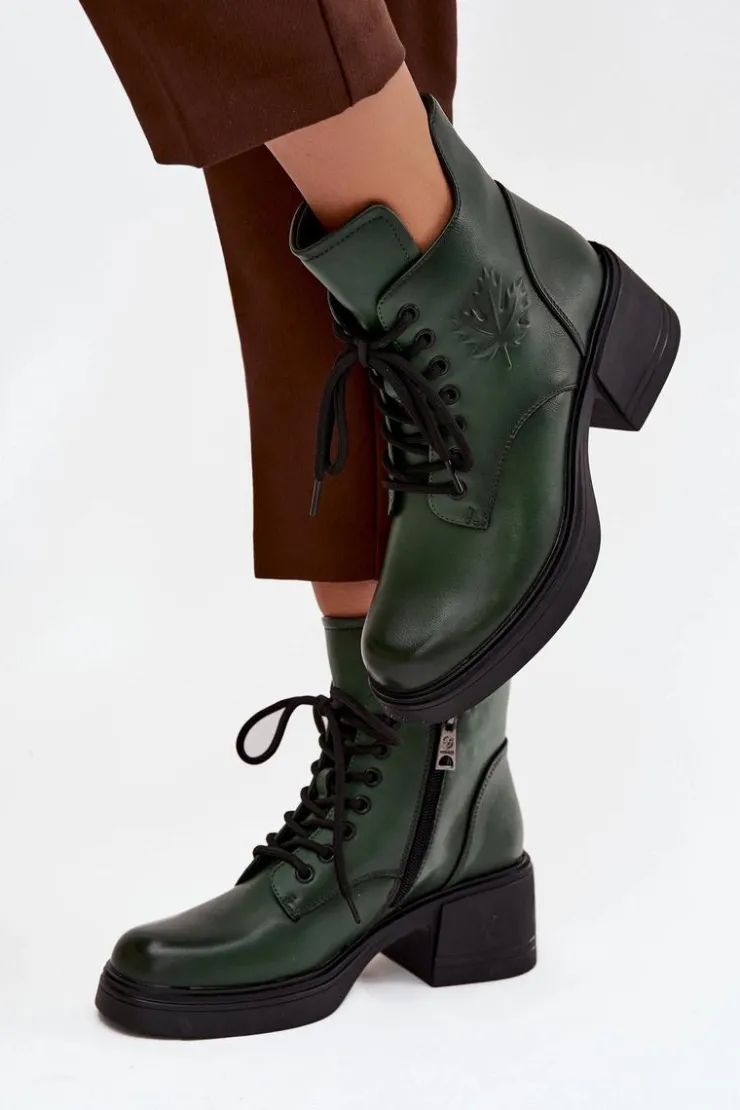 Damskie Buty damskie Vinceza Botki Damskie Skórzane Na Klocku Ocieplane Vinceza 39950 Ciemnozielone