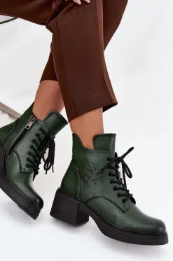 Damskie Buty damskie Vinceza Botki Damskie Skórzane Na Klocku Ocieplane Vinceza 39950 Ciemnozielone