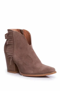 Damskie Laura Messi Botki Damskie Skórzane na Obcasie Khaki 2133