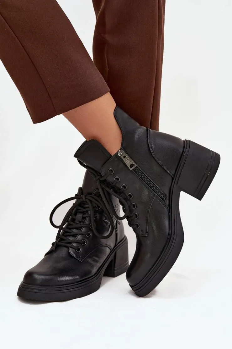 Buty damskie Vinceza Botki Ocieplane|Botki Sznurowane*Botki Damskie Skórzane Na Klocku Ocieplane Vinceza 39950 Czarne Czarny