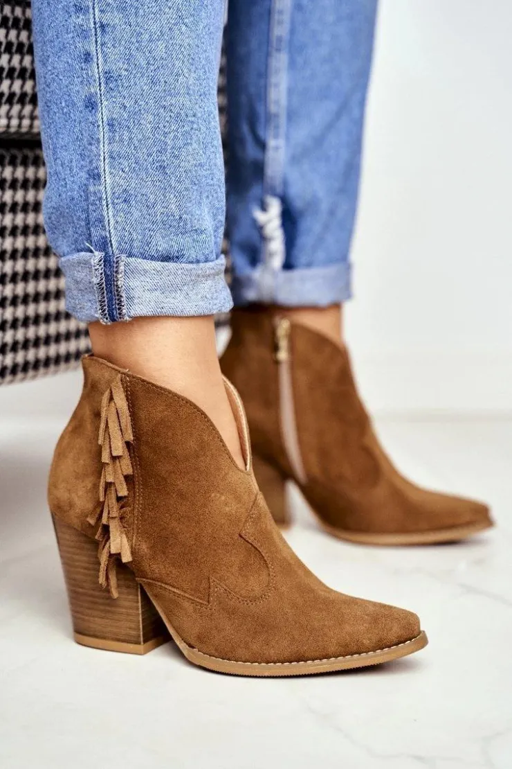 Laura Messi Botki Wiosenne|Botki Na Słupku*Botki Damskie Skórzane na Obcasie Camel 2133