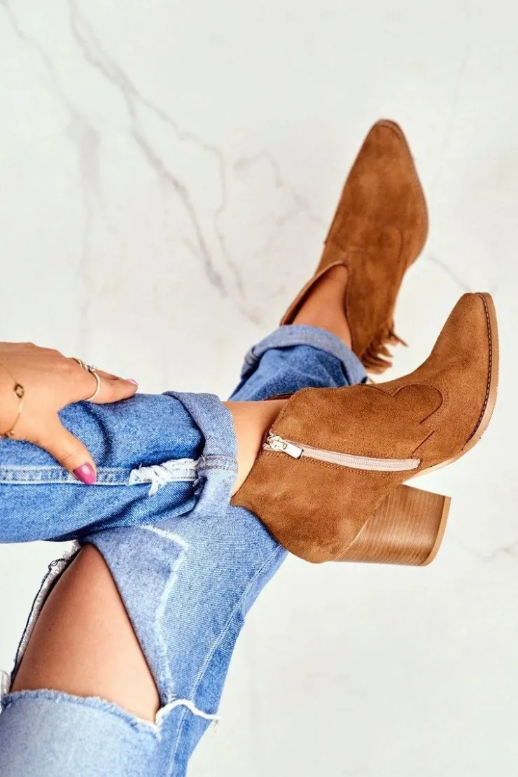 Laura Messi Botki Wiosenne|Botki Na Słupku*Botki Damskie Skórzane na Obcasie Camel 2133