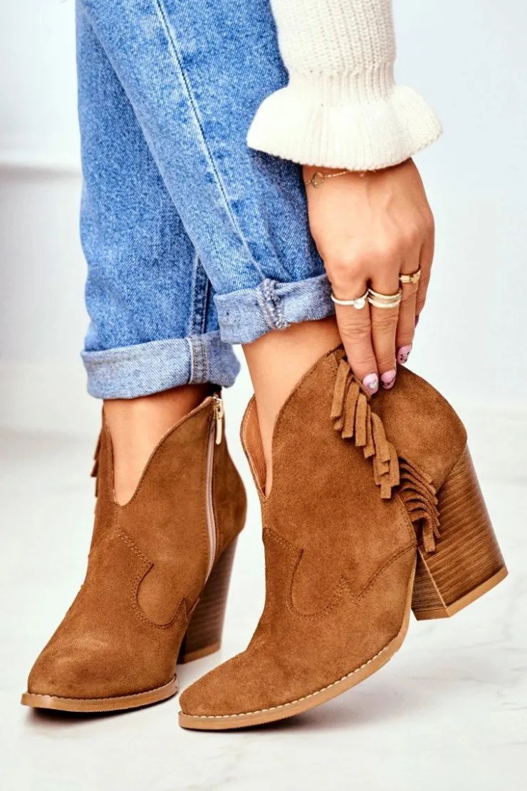 Laura Messi Botki Wiosenne|Botki Na Słupku*Botki Damskie Skórzane na Obcasie Camel 2133