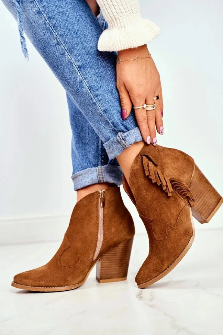 Laura Messi Botki Wiosenne|Botki Na Słupku*Botki Damskie Skórzane na Obcasie Camel 2133