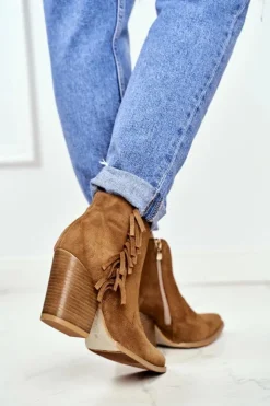 Laura Messi Botki Wiosenne|Botki Na Słupku*Botki Damskie Skórzane na Obcasie Camel 2133