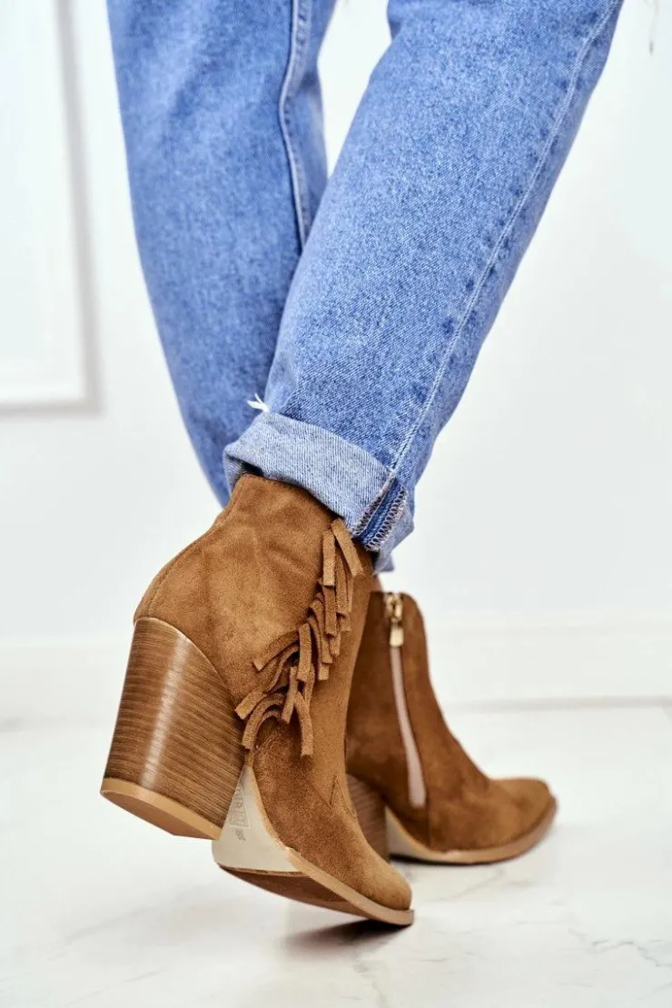 Laura Messi Botki Wiosenne|Botki Na Słupku*Botki Damskie Skórzane na Obcasie Camel 2133