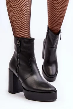 Laura Messi Botki Ocieplane|Botki Skórzane*Botki Damskie Skórzane Na Słupku I Platformiei 2690 Czarne