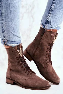 Boto Botki Sznurowane|Botki Zimowe Damskie*Botki Damskie Skórzane Nubuk Cappuccino Nicole 2593