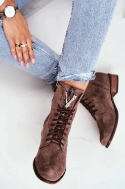 Boto Botki Sznurowane|Botki Zimowe Damskie*Botki Damskie Skórzane Nubuk Cappuccino Nicole 2593