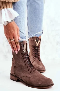 Boto Botki Sznurowane|Botki Zimowe Damskie*Botki Damskie Skórzane Nubuk Cappuccino Nicole 2593