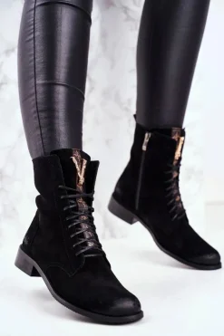 Online Boto Botki Damskie Skórzane Nubuk Czarne Nicole 2593