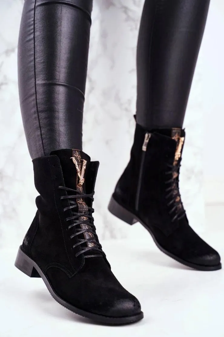 Online Boto Botki Damskie Skórzane Nubuk Czarne Nicole 2593