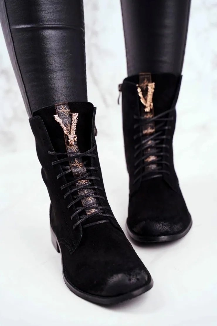 Online Boto Botki Damskie Skórzane Nubuk Czarne Nicole 2593