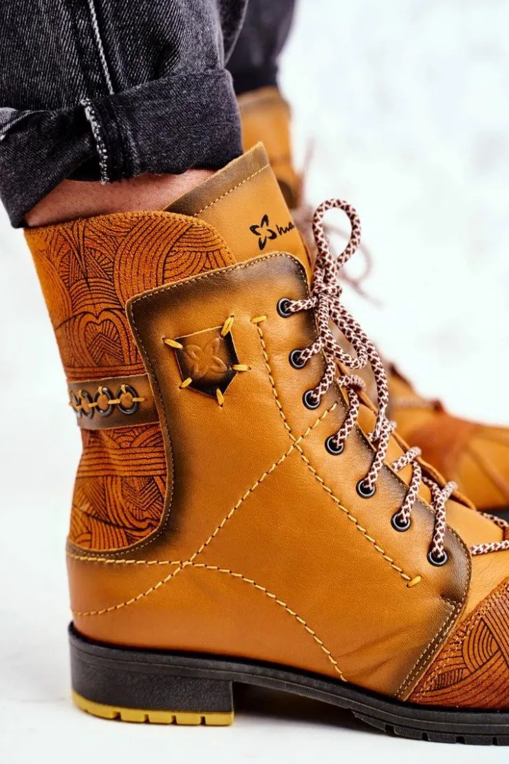 Maciejka Botki Maciejka|Botki Zimowe Damskie*Botki Damskie Skórzane Ocieplane Żółte 03961-07