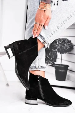 Damskie Laura Messi Botki Damskie Skórzane Ocieplane Czarne 2207