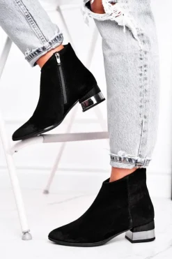 Damskie Laura Messi Botki Damskie Skórzane Ocieplane Czarne 2207