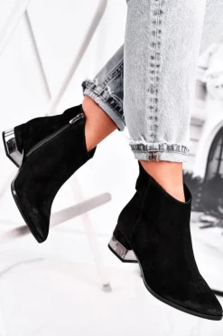 Damskie Laura Messi Botki Damskie Skórzane Ocieplane Czarne 2207