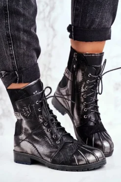 Hot Maciejka Botki Damskie Skórzane Ocieplane Czarne 03961-01