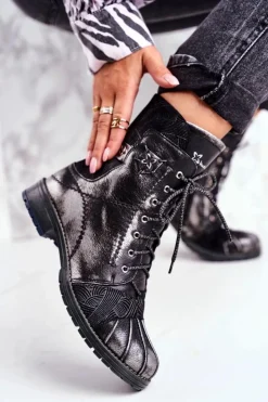 Hot Maciejka Botki Damskie Skórzane Ocieplane Czarne 03961-01