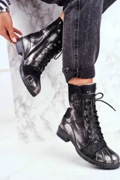 Hot Maciejka Botki Damskie Skórzane Ocieplane Czarne 03961-01