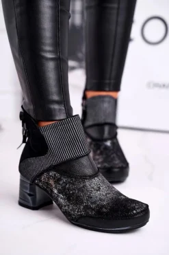 Damskie Maciejka Botki Damskie Skórzane Ocieplane Granatowe 03790-20