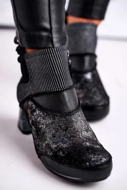 Damskie Maciejka Botki Damskie Skórzane Ocieplane Granatowe 03790-20