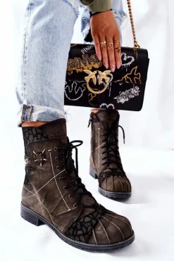 Maciejka Botki Maciejka|Botki Sznurowane*Botki Damskie Skórzane Ocieplane Oliwkowe 03961-24