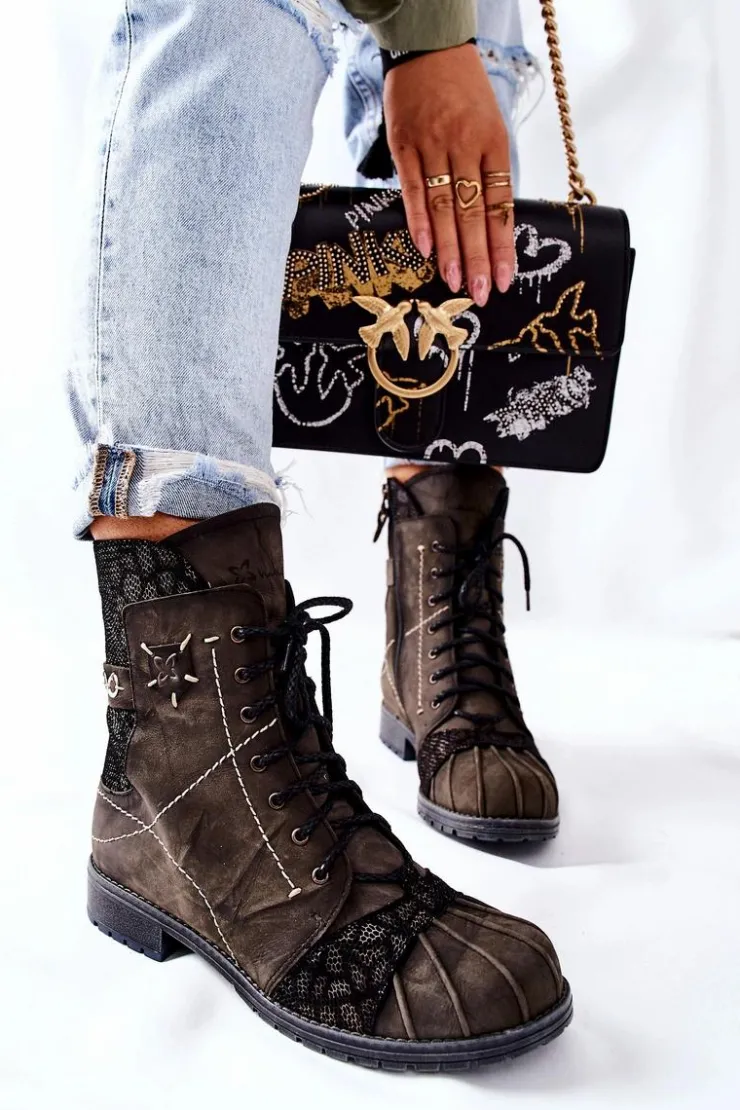 Maciejka Botki Maciejka|Botki Sznurowane*Botki Damskie Skórzane Ocieplane Oliwkowe 03961-24