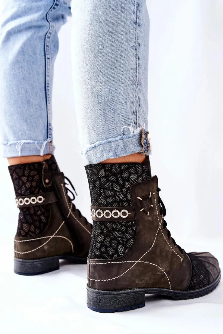 Maciejka Botki Maciejka|Botki Sznurowane*Botki Damskie Skórzane Ocieplane Oliwkowe 03961-24