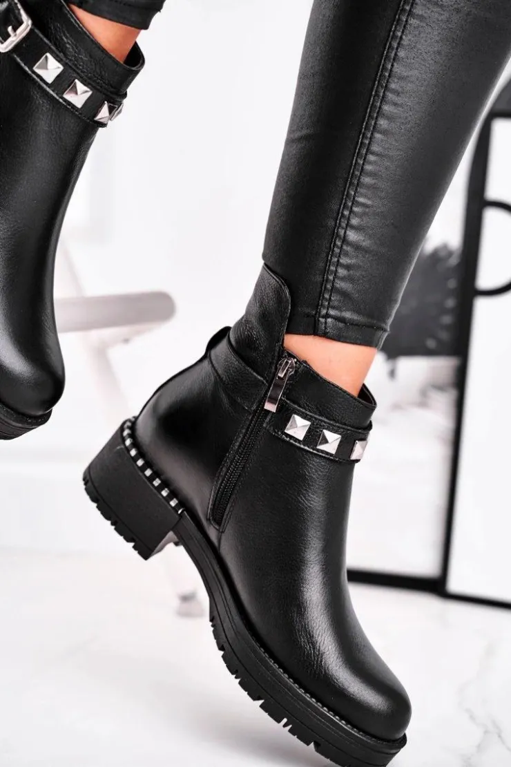 Laura Messi Czarne Botki|Botki Zimowe Damskie*Botki Damskie Skórzane Ocieplane Czarne 2055