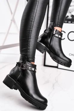 Laura Messi Czarne Botki|Botki Zimowe Damskie*Botki Damskie Skórzane Ocieplane Czarne 2055