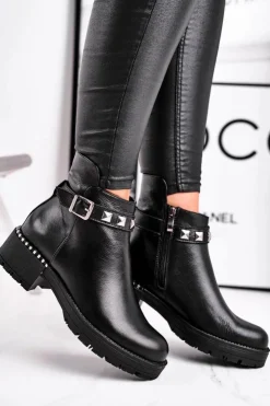 Laura Messi Czarne Botki|Botki Zimowe Damskie*Botki Damskie Skórzane Ocieplane Czarne 2055