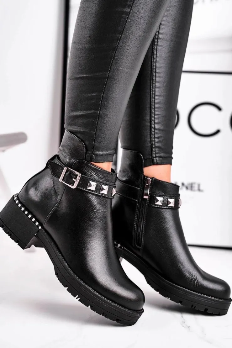 Laura Messi Czarne Botki|Botki Zimowe Damskie*Botki Damskie Skórzane Ocieplane Czarne 2055