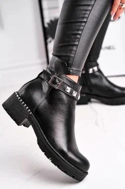 Laura Messi Czarne Botki|Botki Zimowe Damskie*Botki Damskie Skórzane Ocieplane Czarne 2055