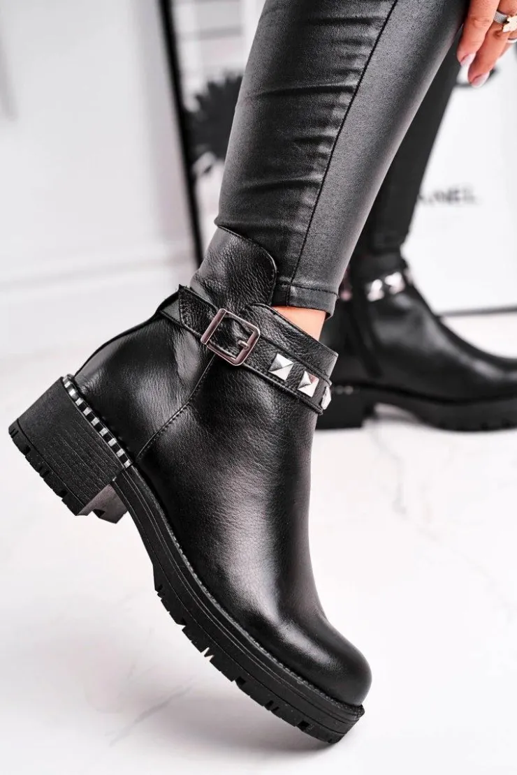 Laura Messi Czarne Botki|Botki Zimowe Damskie*Botki Damskie Skórzane Ocieplane Czarne 2055