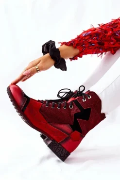 Damskie Maciejka Botki Damskie Skórzane Ocieplane Czerwone 04625-08