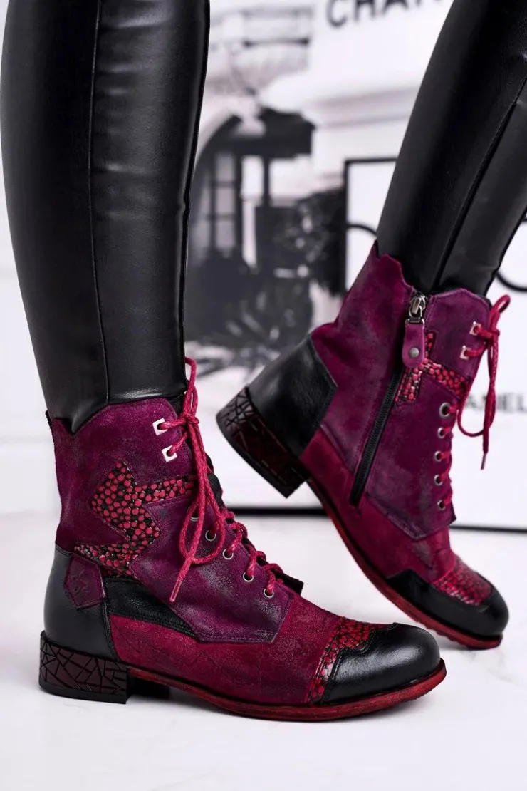 Online Maciejka Botki Damskie Skórzane Ocieplane Fioletowe 04625-23