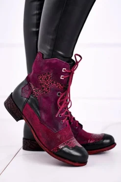 Online Maciejka Botki Damskie Skórzane Ocieplane Fioletowe 04625-23