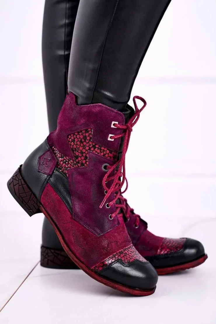 Online Maciejka Botki Damskie Skórzane Ocieplane Fioletowe 04625-23