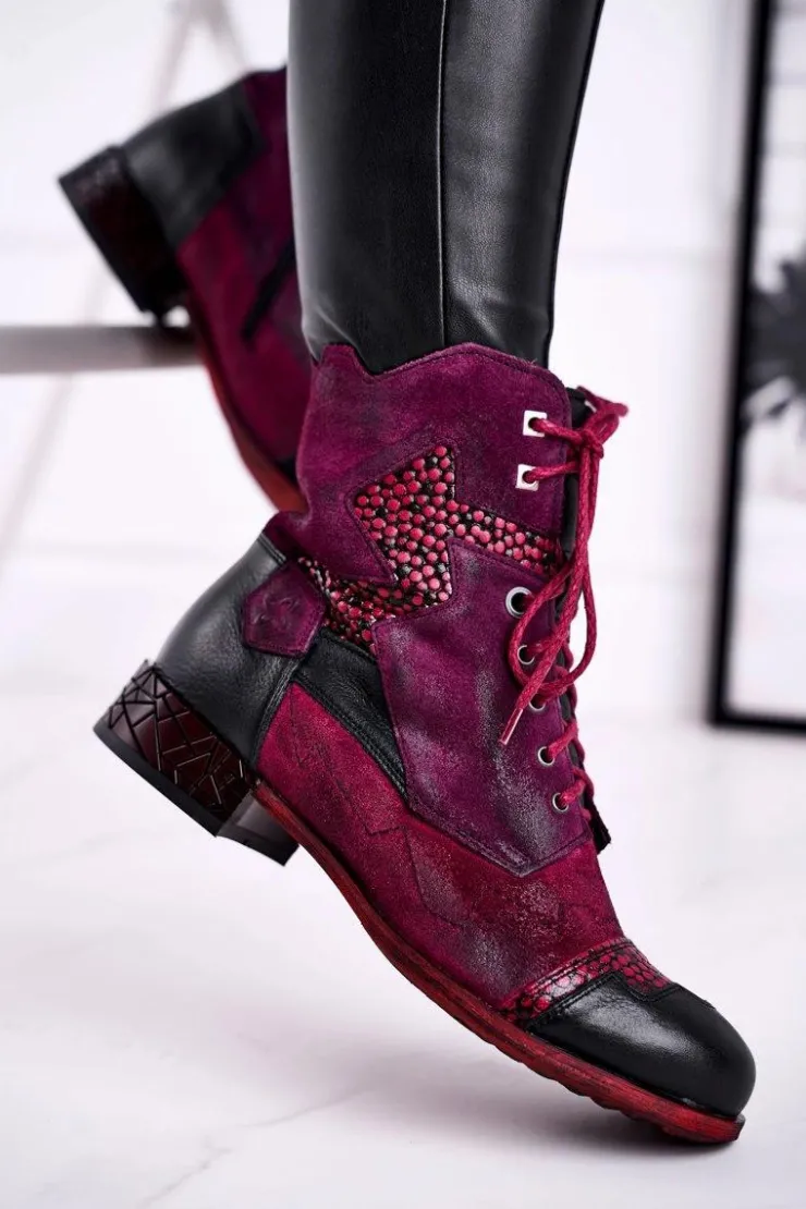 Online Maciejka Botki Damskie Skórzane Ocieplane Fioletowe 04625-23