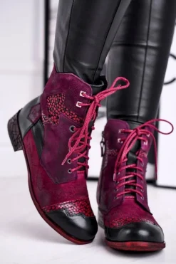 Online Maciejka Botki Damskie Skórzane Ocieplane Fioletowe 04625-23