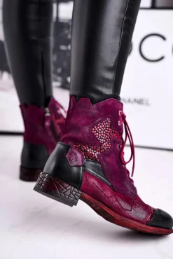 Online Maciejka Botki Damskie Skórzane Ocieplane Fioletowe 04625-23